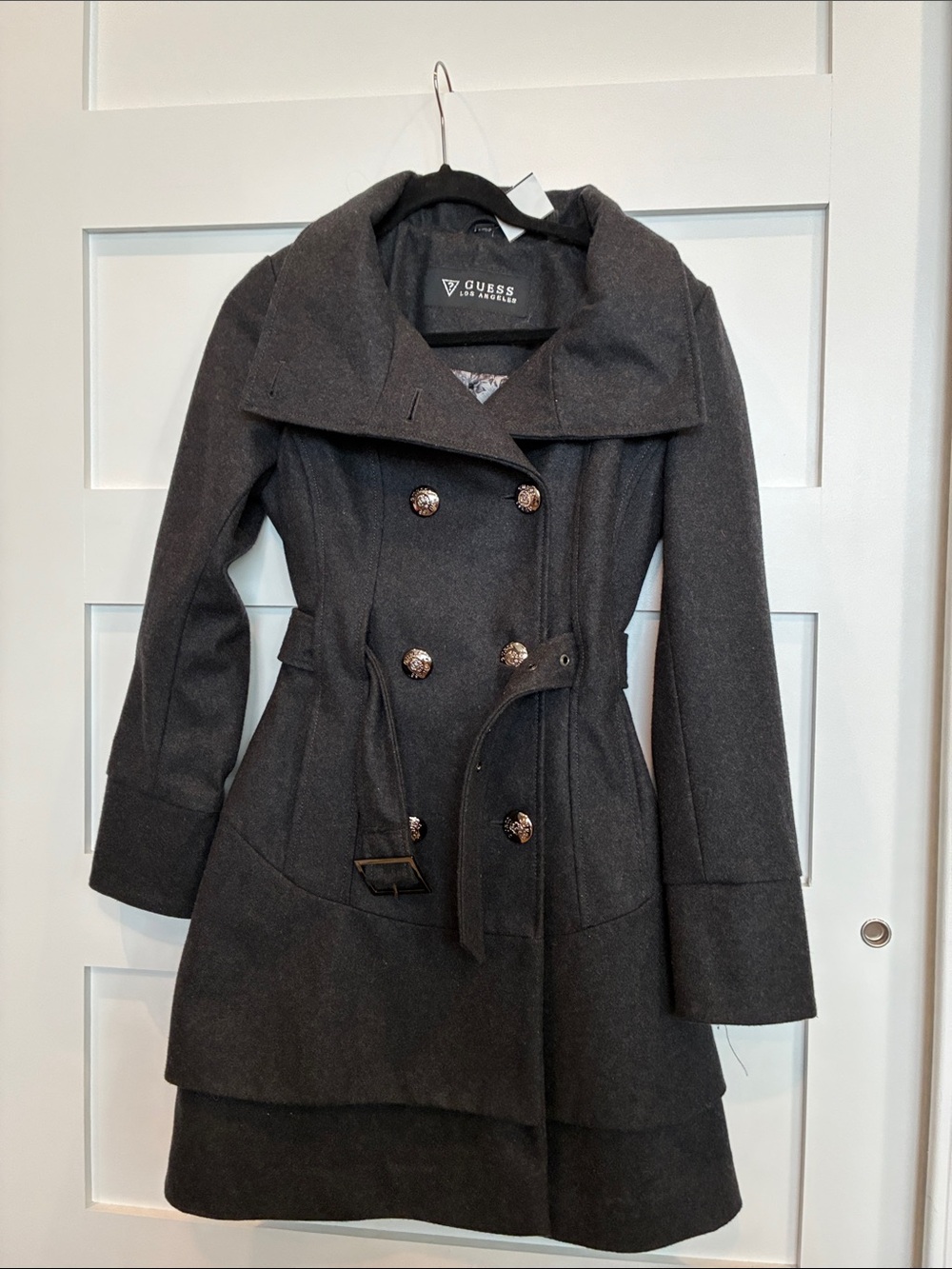 GUESS Charcoal Gray Double-Breasted Trench Coat with Decorative Buttons